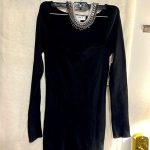 Gili black knit long sleeve mid length scallop neck below the knee dress